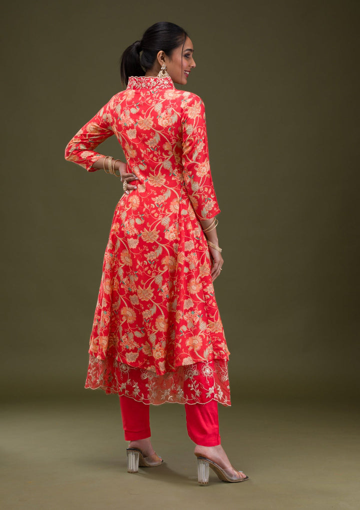 Red Printed Semi Crepe Readymade Salwar Suit-Koskii
