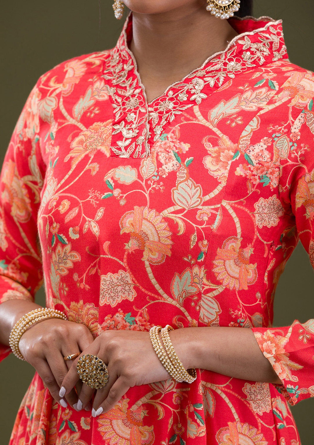 Red Printed Semi Crepe Readymade Salwar Suit-Koskii