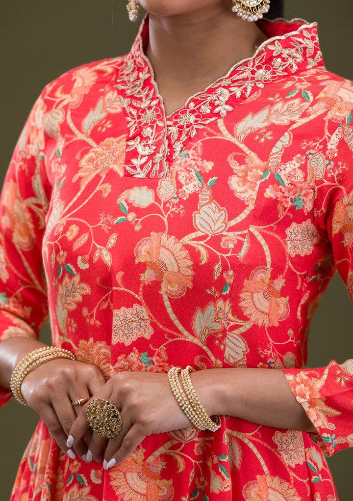 Red Printed Semi Crepe Readymade Salwar Suit-Koskii