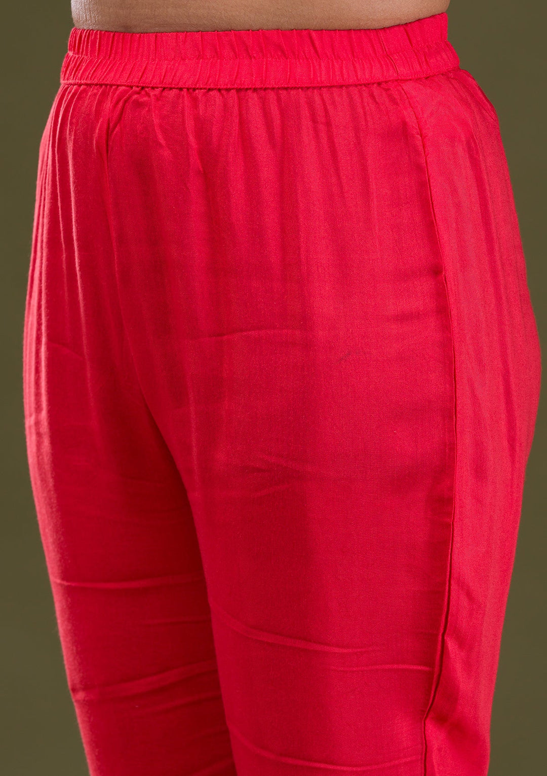 Red Printed Semi Crepe Readymade Salwar Suit-Koskii