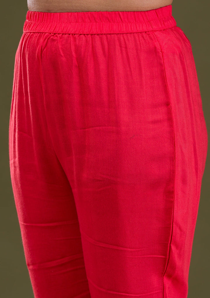 Red Printed Semi Crepe Readymade Salwar Suit-Koskii