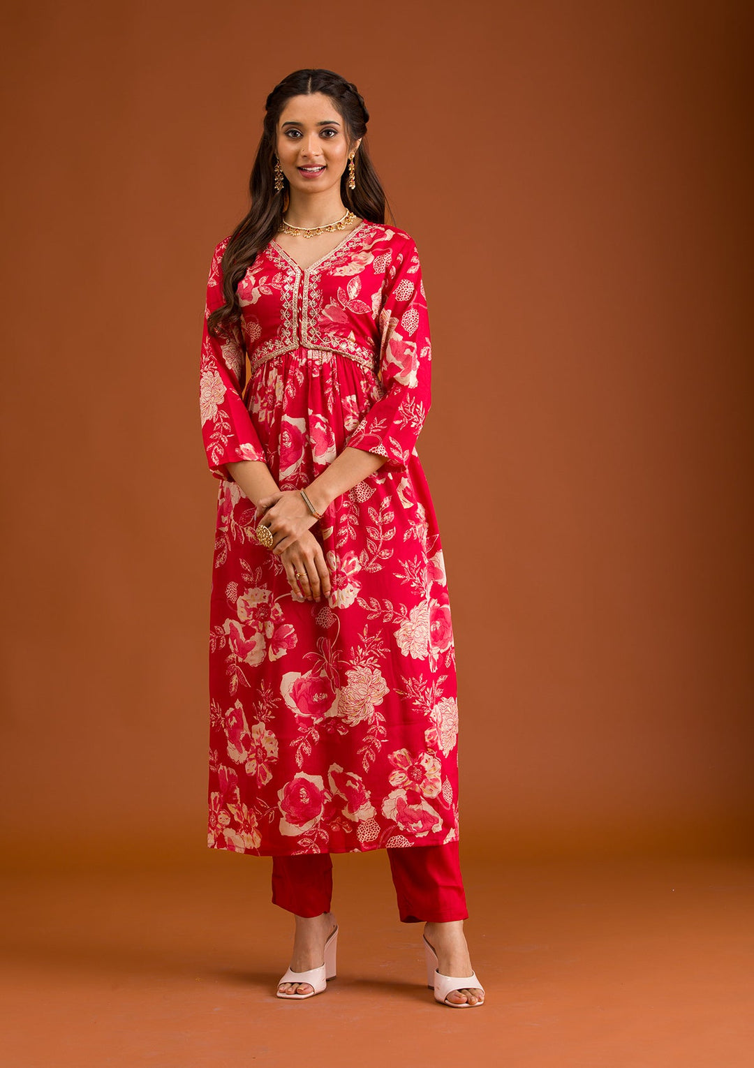 Red Printed Semi Crepe Readymade Salwar Suit-Koskii