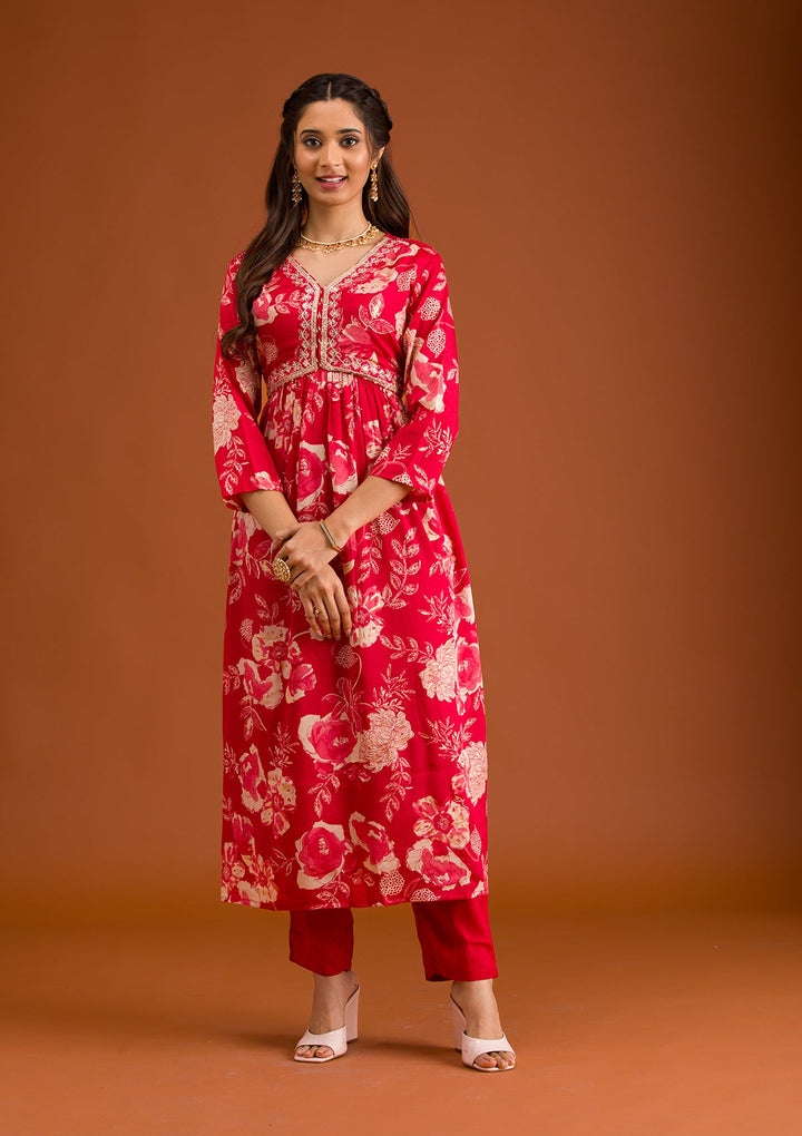 Red Printed Semi Crepe Readymade Salwar Suit-Koskii