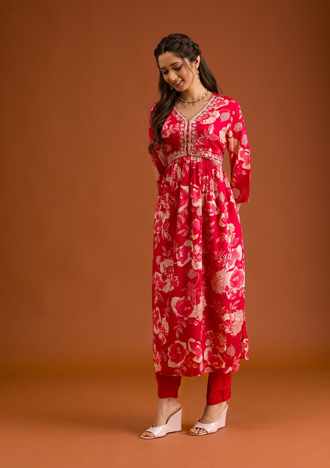 Red Printed Semi Crepe Readymade Salwar Suit-Koskii