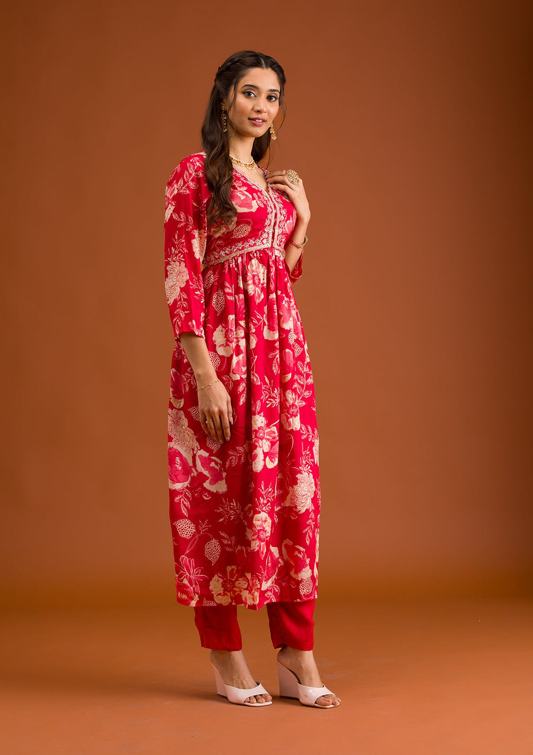 Red Printed Semi Crepe Readymade Salwar Suit-Koskii