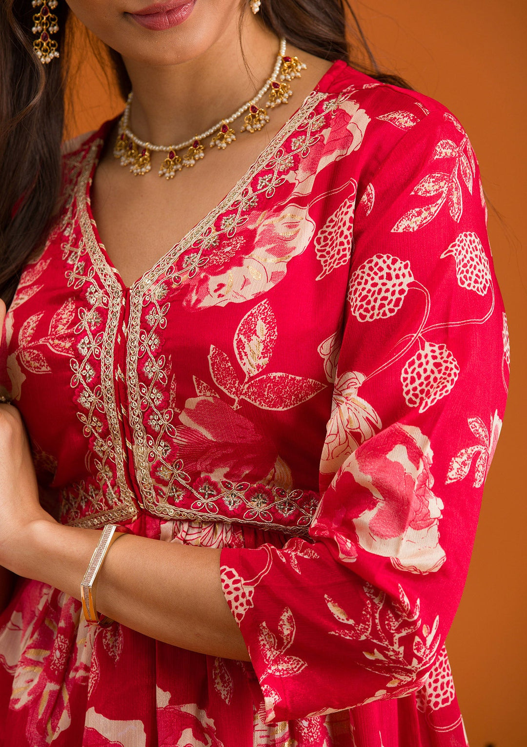 Red Printed Semi Crepe Readymade Salwar Suit-Koskii