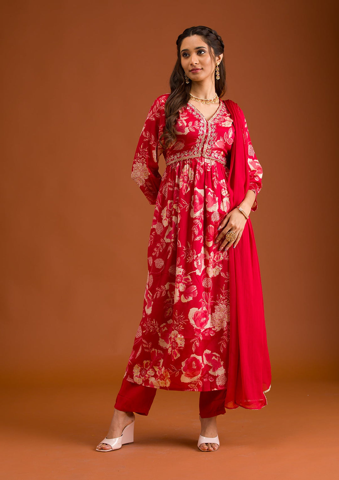 Red Printed Semi Crepe Readymade Salwar Suit-Koskii