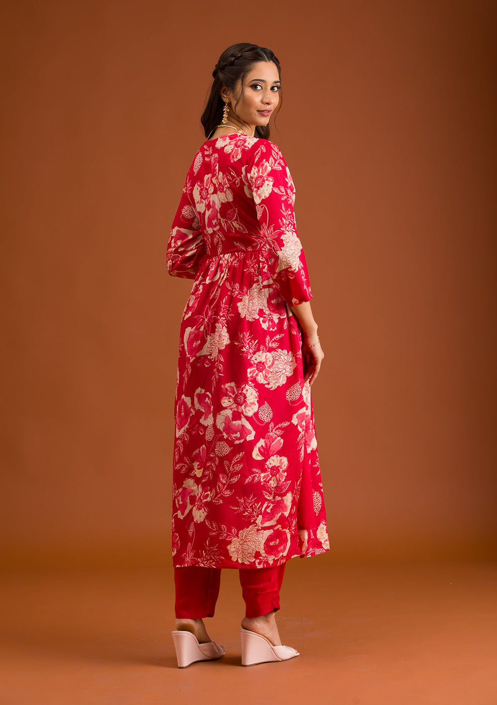 Red Printed Semi Crepe Readymade Salwar Suit-Koskii