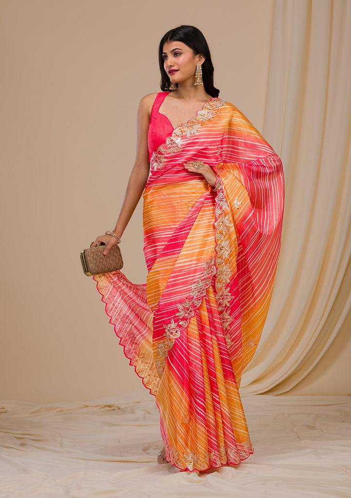 Red Printed Semi Crepe Saree-Koskii