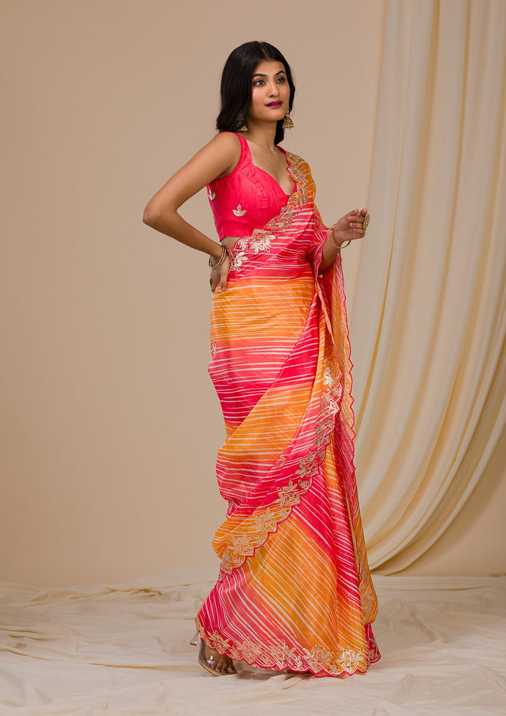 Red Printed Semi Crepe Saree-Koskii