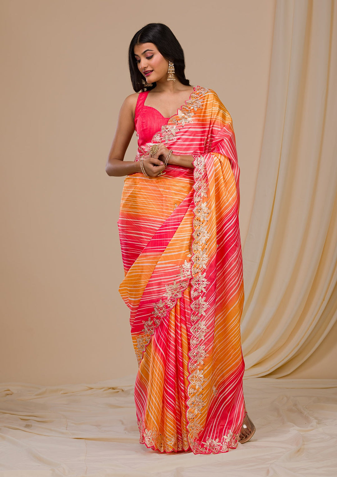 Red Printed Semi Crepe Saree-Koskii