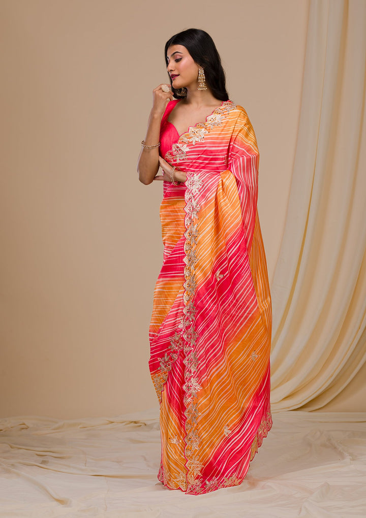 Red Printed Semi Crepe Saree-Koskii