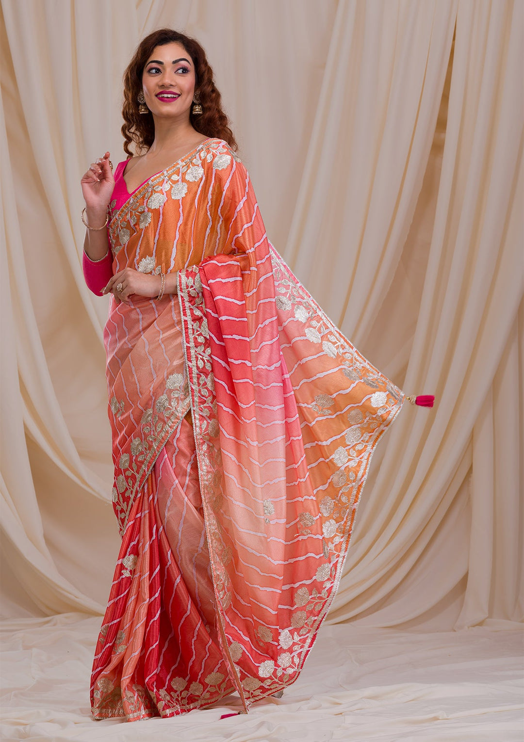 Red Printed Semi Crepe Saree-Koskii