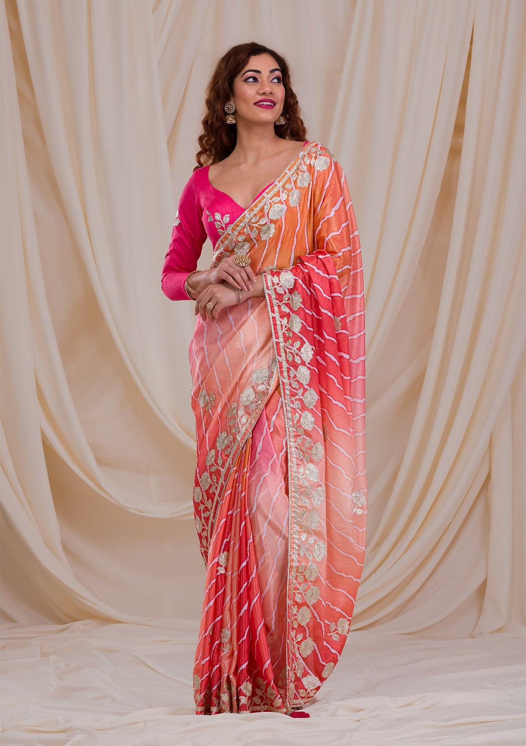 Peach Stonework Satin Designer Saree-Koskii