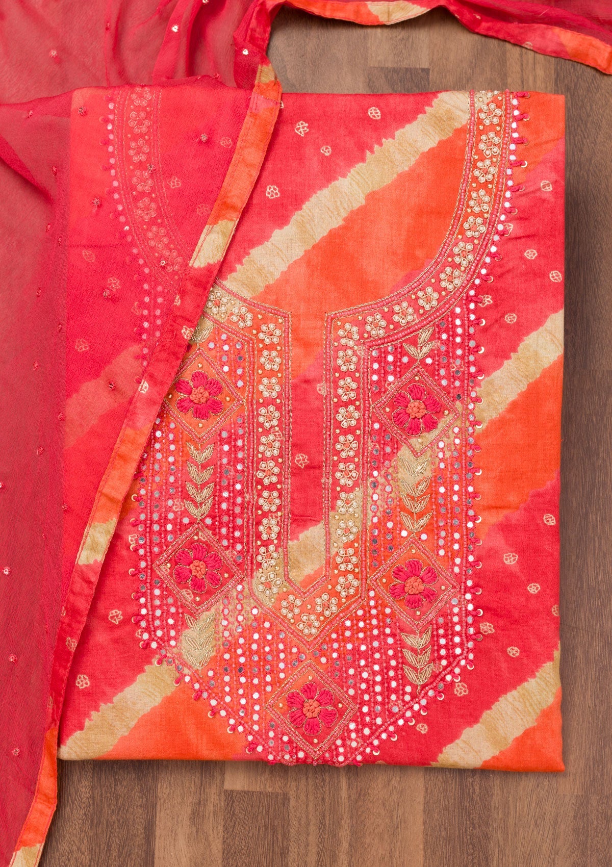 Red Printed Soft Silk Unstitched Salwar Suit-Koskii