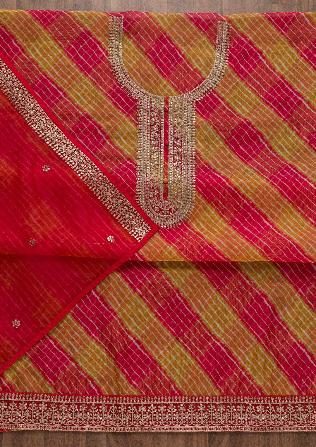 Red Printed Tissue Unstitched Salwar Suit-Koskii