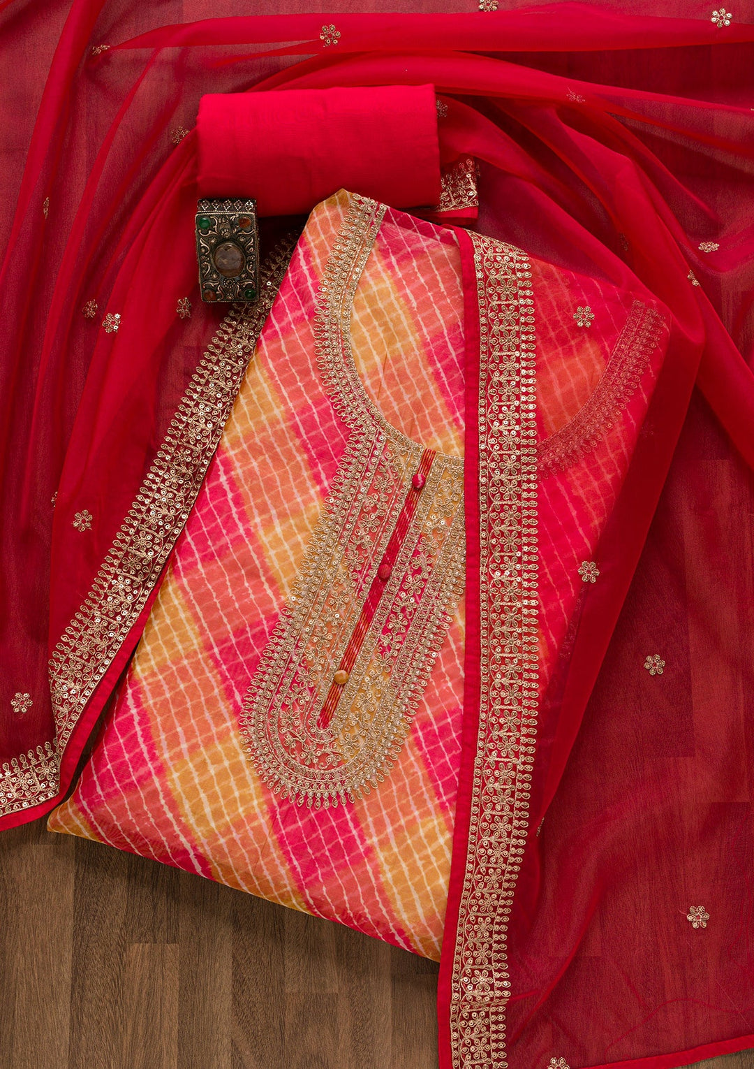 Red Printed Tissue Unstitched Salwar Suit-Koskii