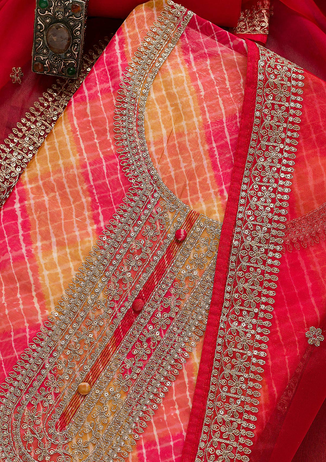 Red Printed Tissue Unstitched Salwar Suit-Koskii