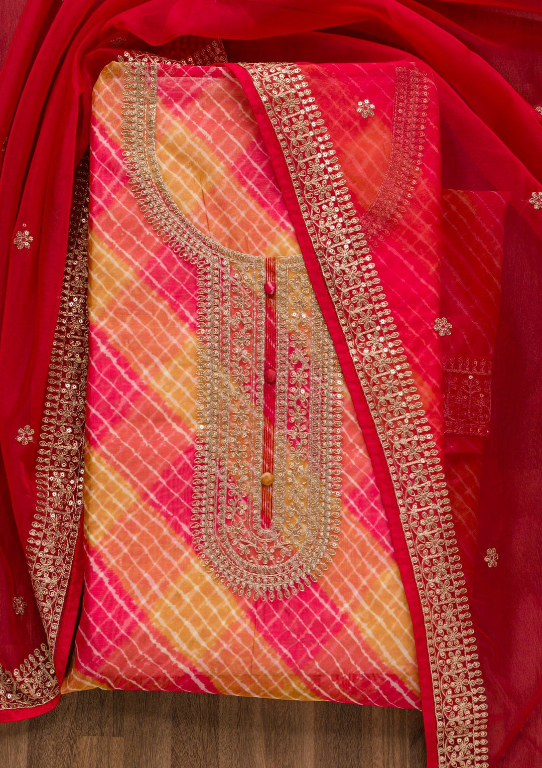 Red Printed Tissue Unstitched Salwar Suit-Koskii