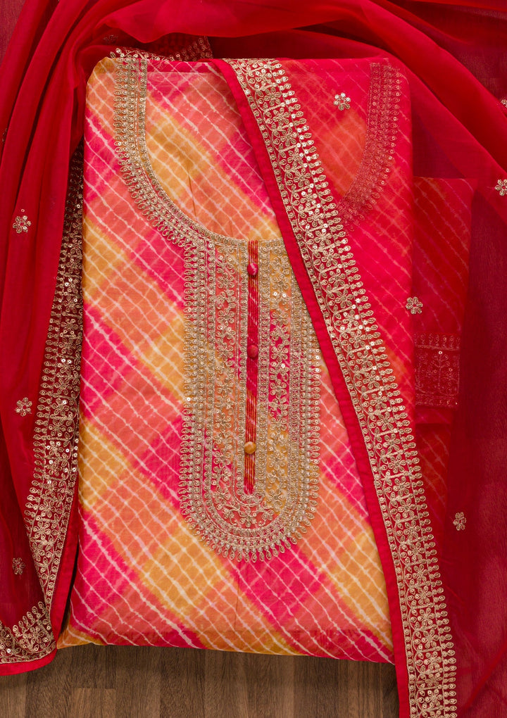 Red Printed Tissue Unstitched Salwar Suit-Koskii