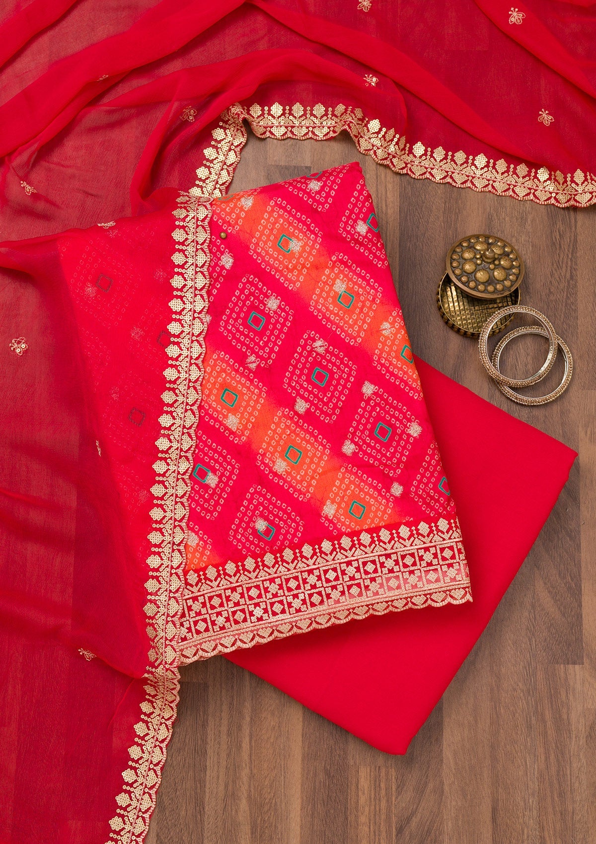 Red Printed Tissue Unstitched Salwar Suit-Koskii