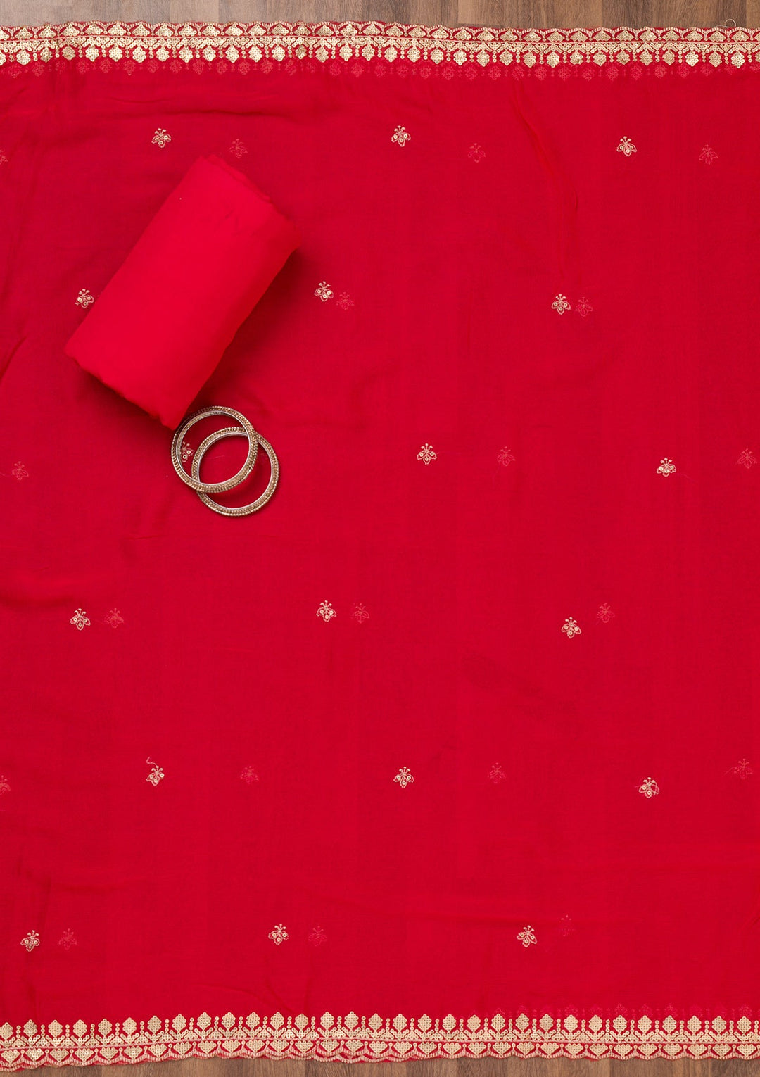 Red Printed Tissue Unstitched Salwar Suit-Koskii