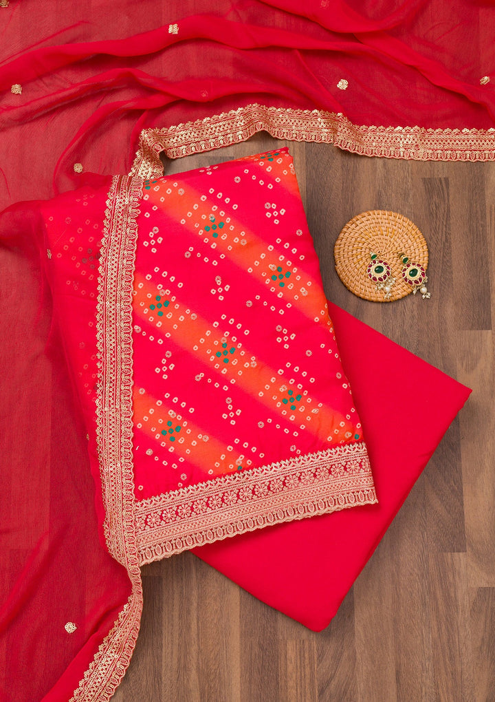 Red Printed Tissue Unstitched Salwar Suit-Koskii