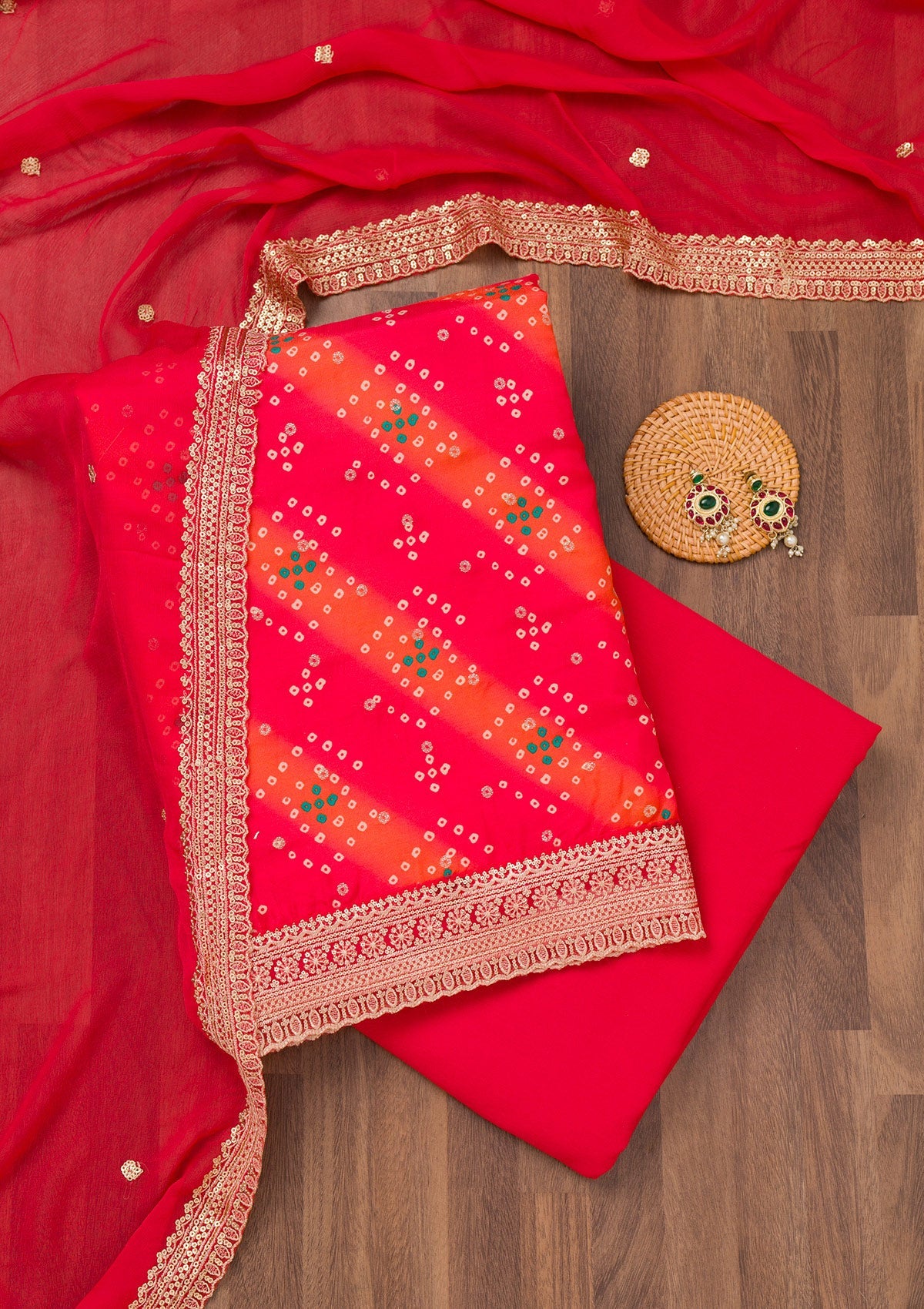 Red Printed Tissue Unstitched Salwar Suit-Koskii