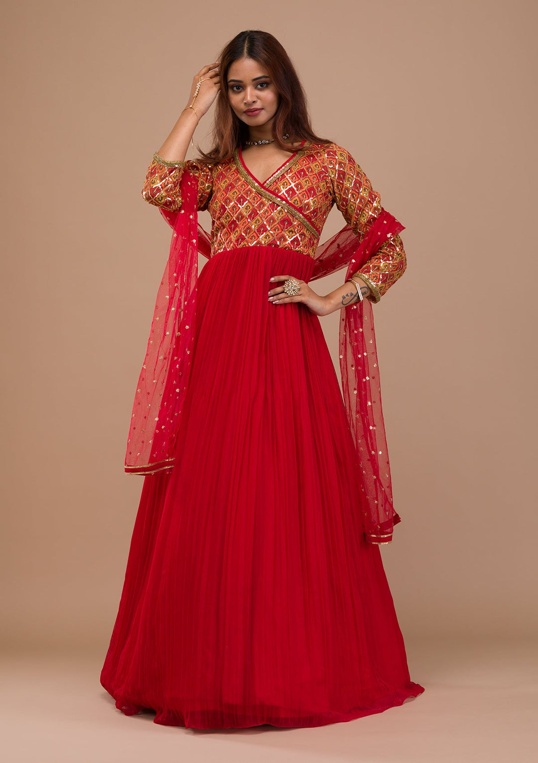 Red Sequins Georgette Readymade Salwar Suit-Koskii