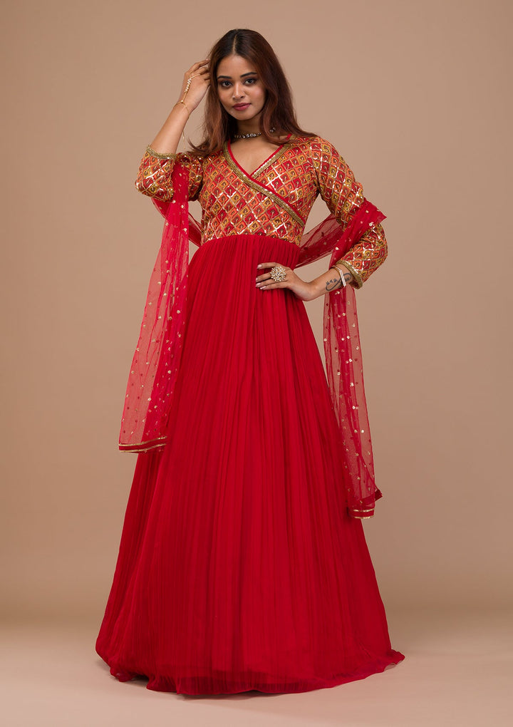 Red Sequins Georgette Readymade Salwar Suit-Koskii