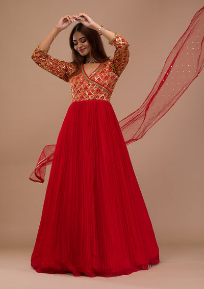 Red Sequins Georgette Readymade Salwar Suit-Koskii