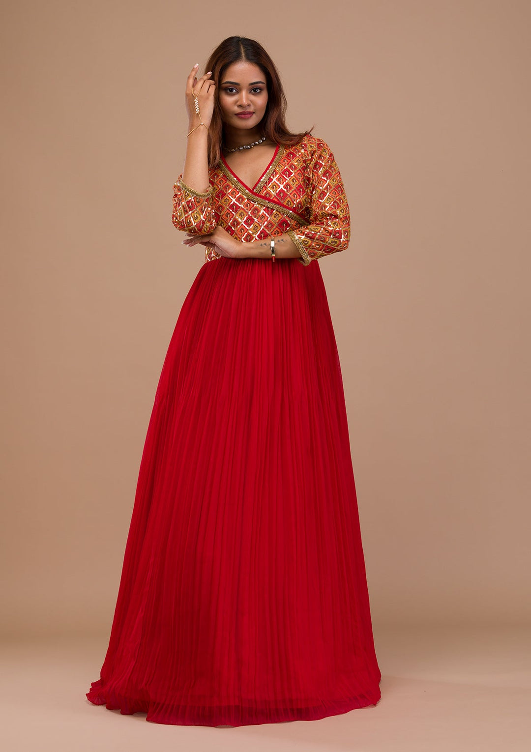 Red Sequins Georgette Readymade Salwar Suit-Koskii
