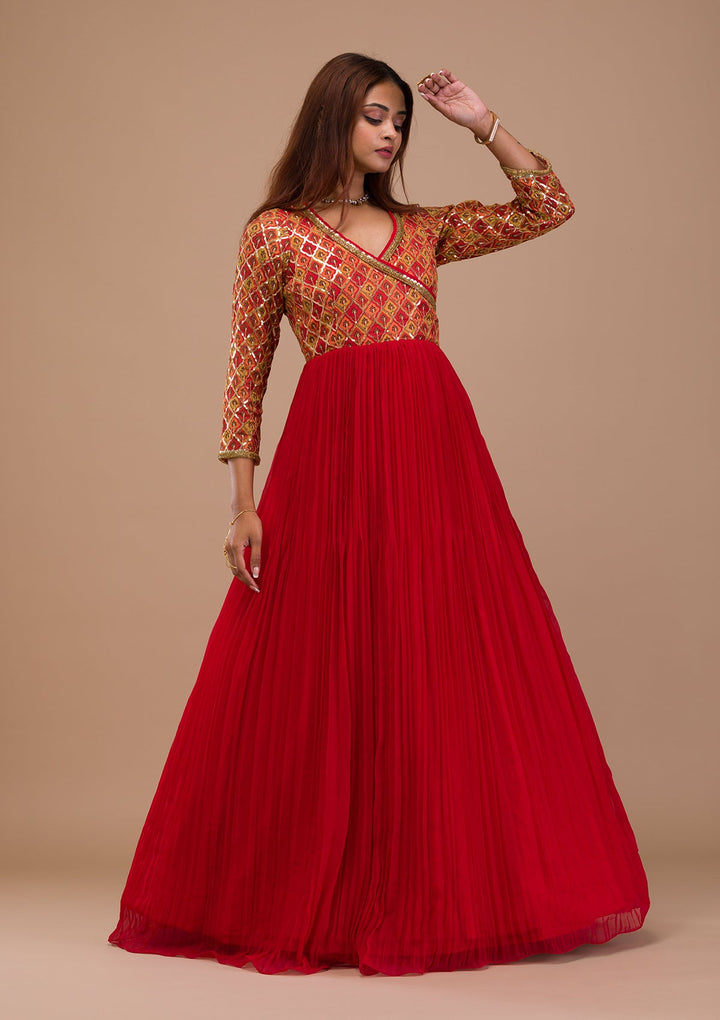 Red Sequins Georgette Readymade Salwar Suit-Koskii