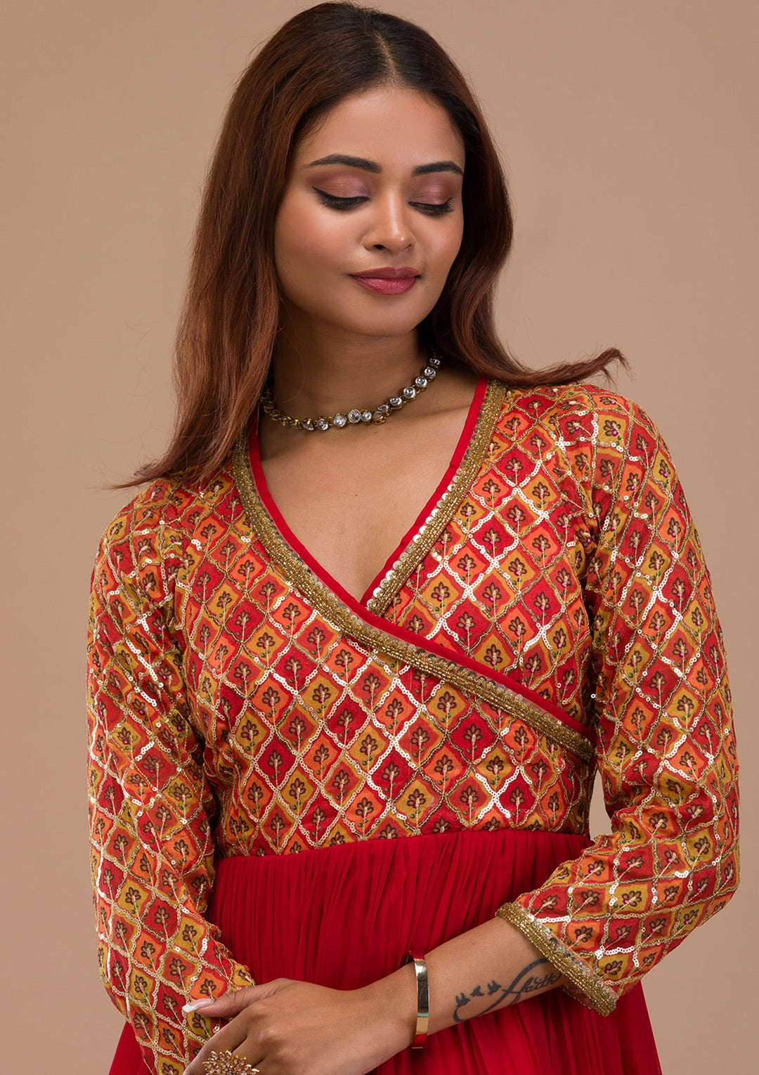 Red Sequins Georgette Readymade Salwar Suit-Koskii