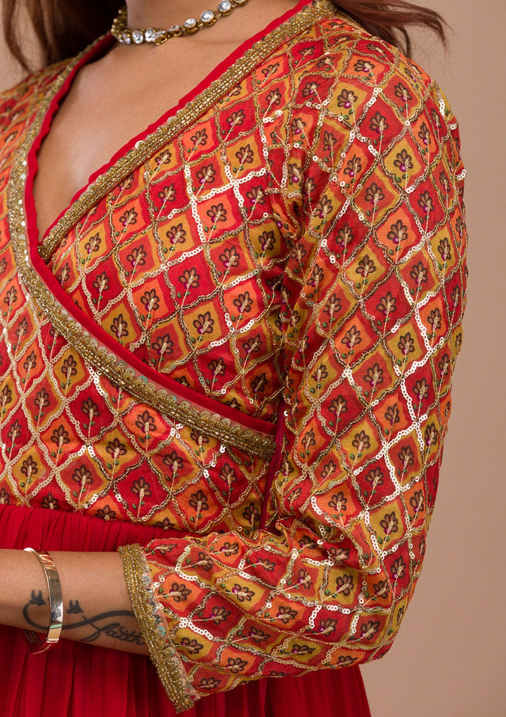 Red Sequins Georgette Readymade Salwar Suit-Koskii
