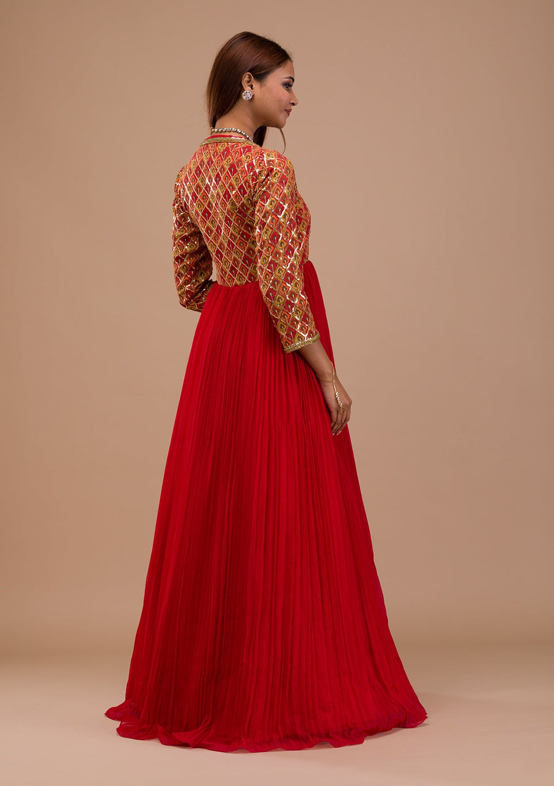 Red Sequins Georgette Readymade Salwar Suit-Koskii