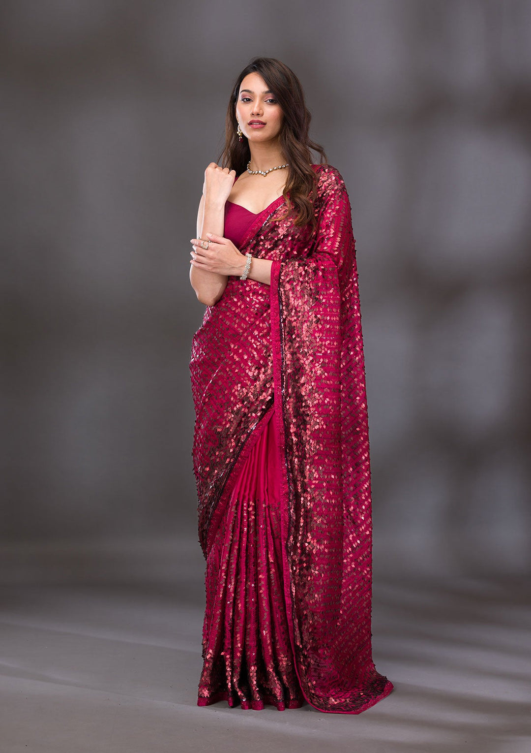 Red Sequins Georgette Saree-Koskii