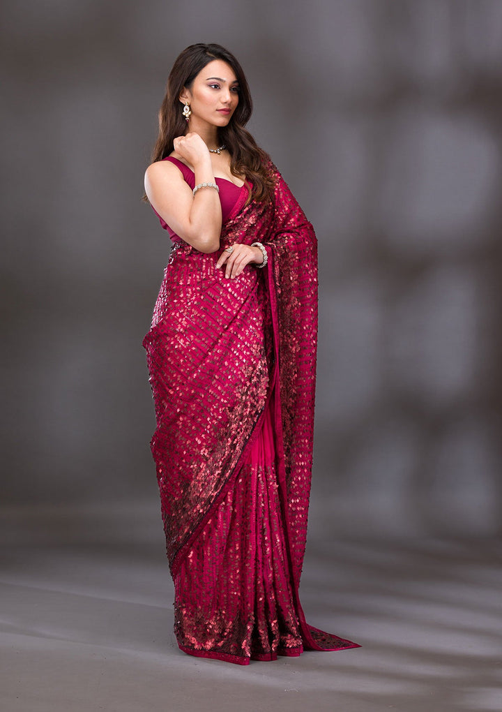 Red Sequins Georgette Saree-Koskii