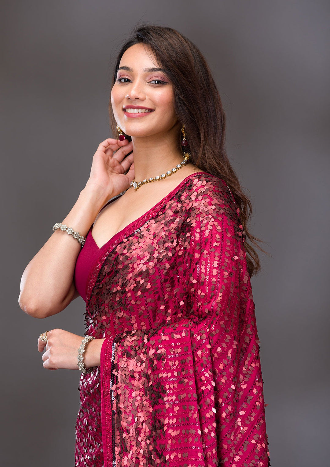 Red Sequins Georgette Saree-Koskii