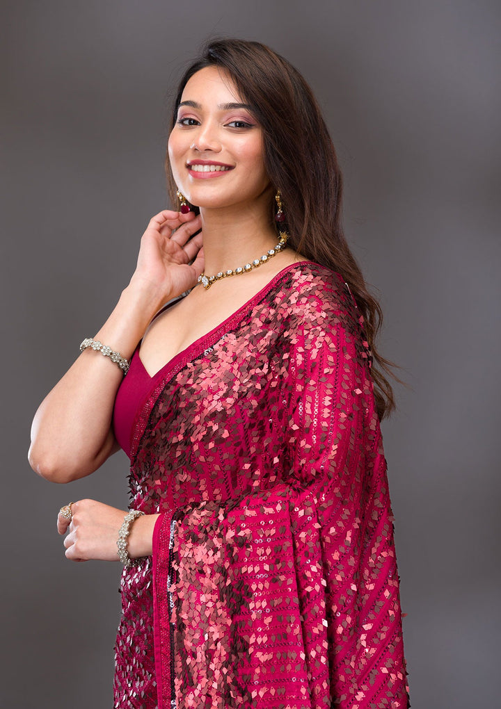 Red Sequins Georgette Saree-Koskii