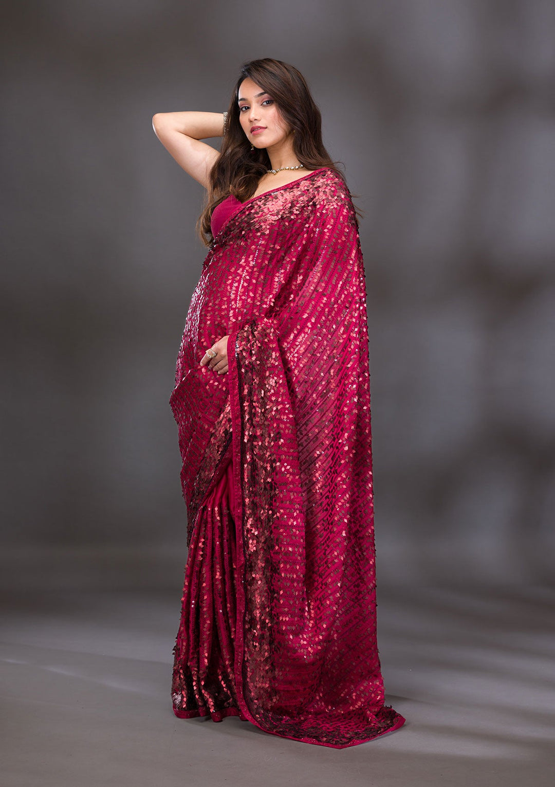 Red Sequins Georgette Saree-Koskii