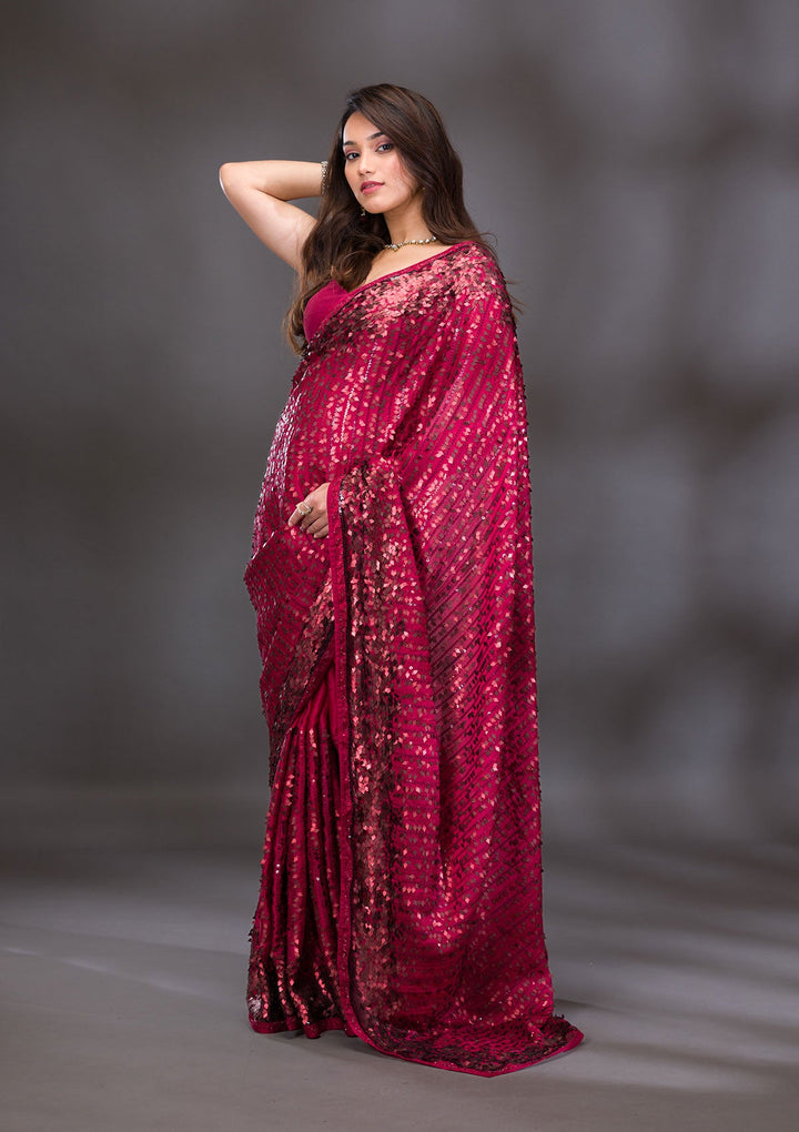 Red Sequins Georgette Saree-Koskii
