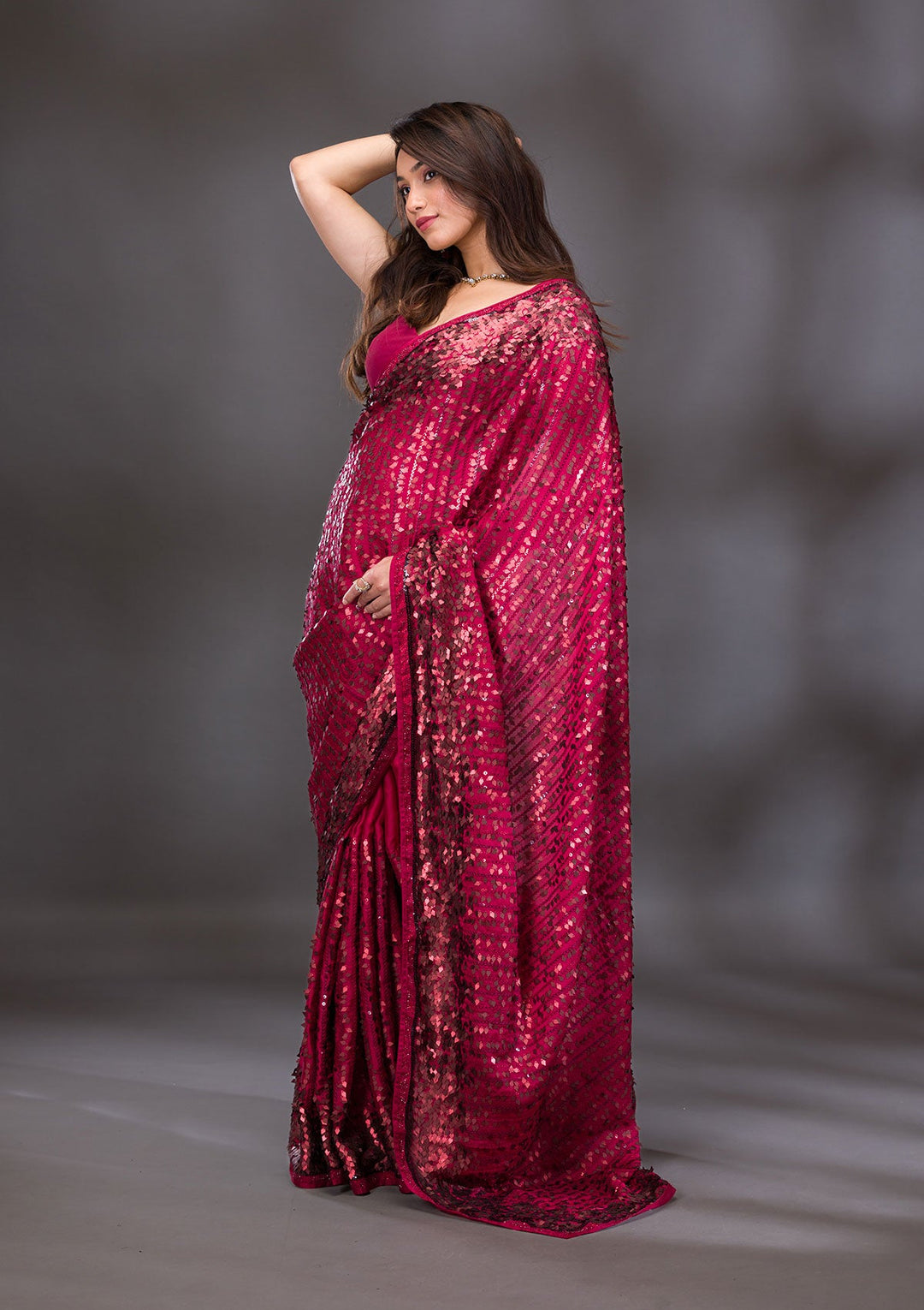 Red Sequins Georgette Saree-Koskii