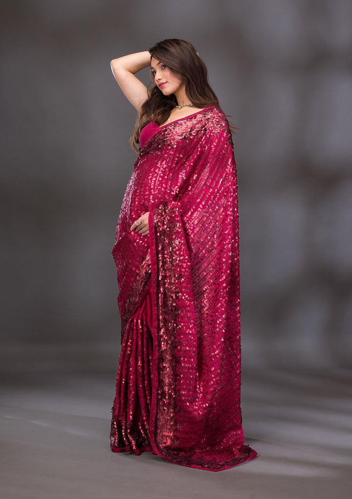 Red Sequins Georgette Saree-Koskii