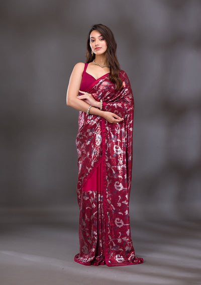 Red Sequins Georgette Saree-Koskii