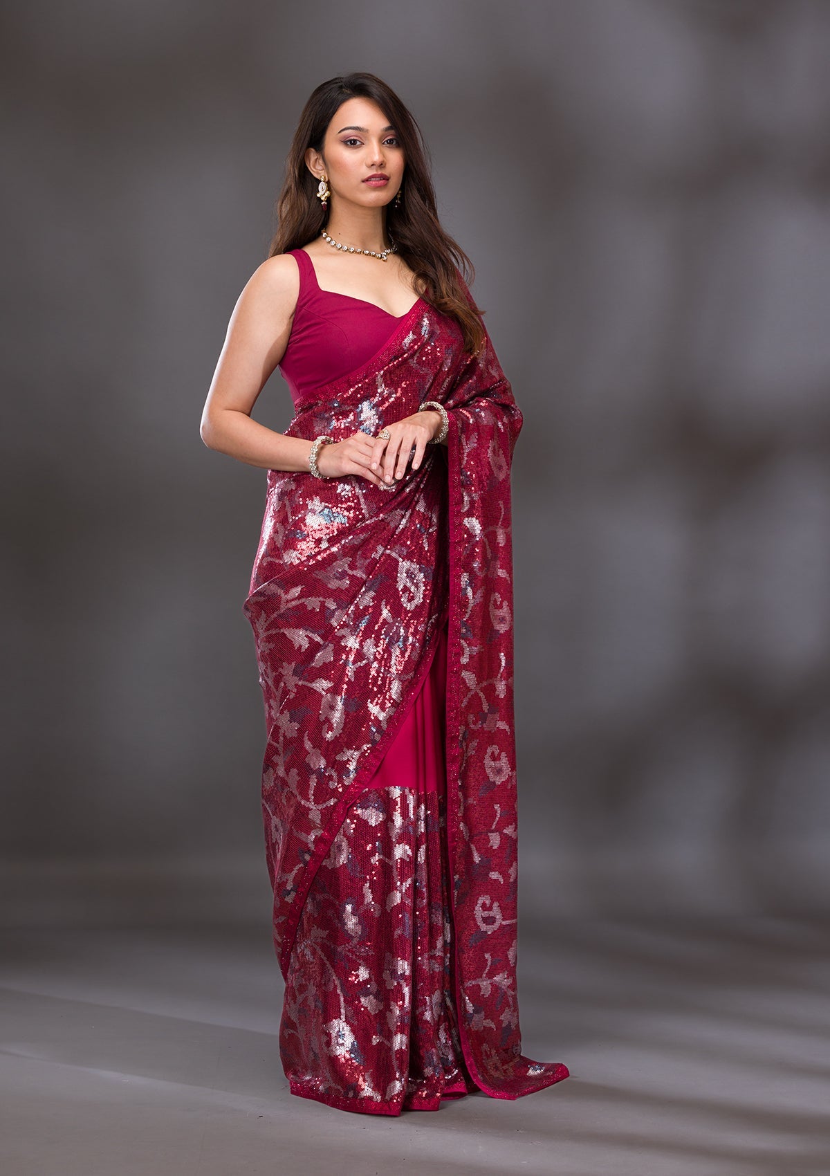 Red Sequins Georgette Saree-Koskii