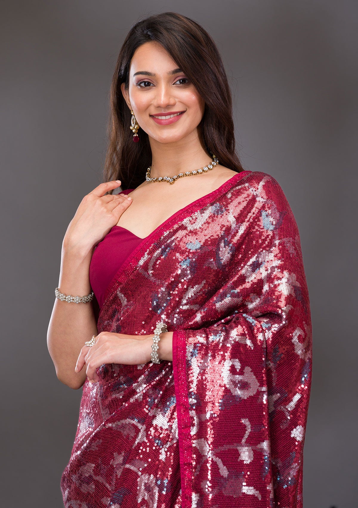 Red Sequins Georgette Saree-Koskii