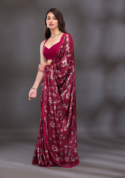 Red Sequins Georgette Saree-Koskii