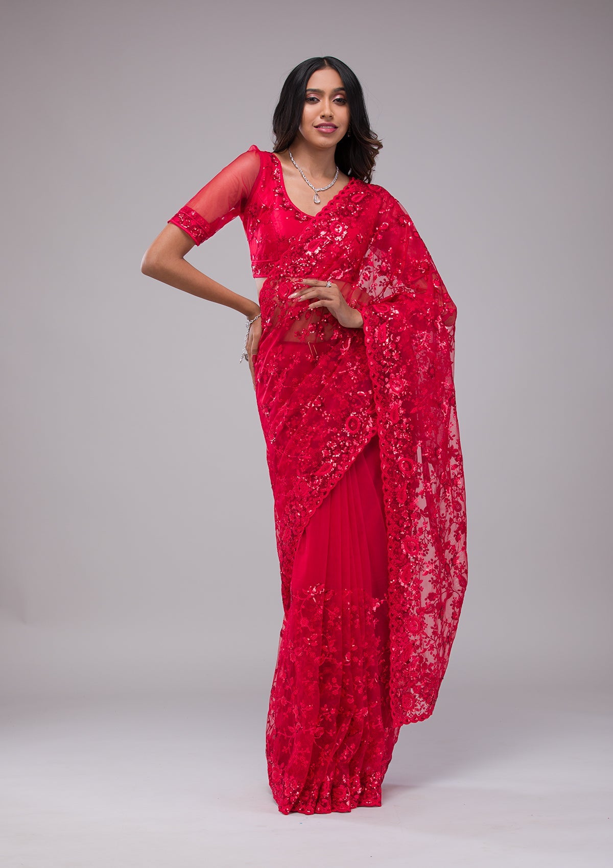 Red Sequins Net Saree-Koskii