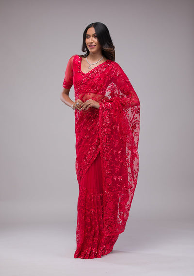 Red Sequins Net Saree-Koskii